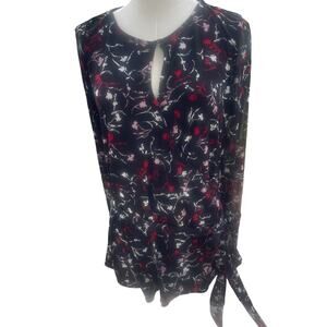 White House Black Market Black/Red Floral Faux Wrap Chiffon Sleeve Top Sz M